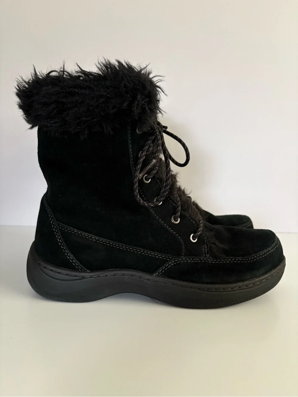 L.L. Bean Black Suede Primaloft Winter Boots Faux Fur Trim Lace Up Size 8